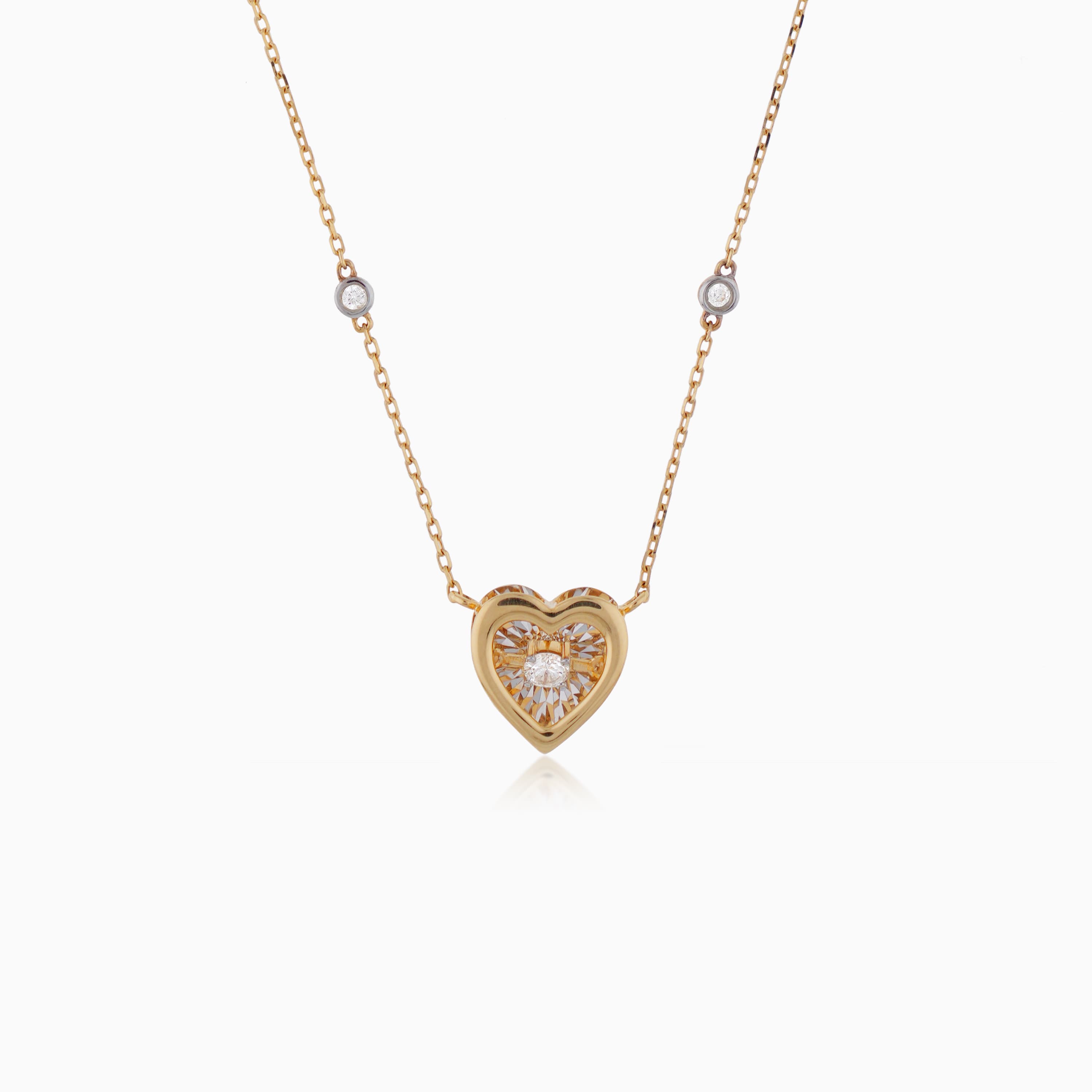 18k Yellow Gold Dancing Diamond Necklace featuring a heart-shaped pendant
