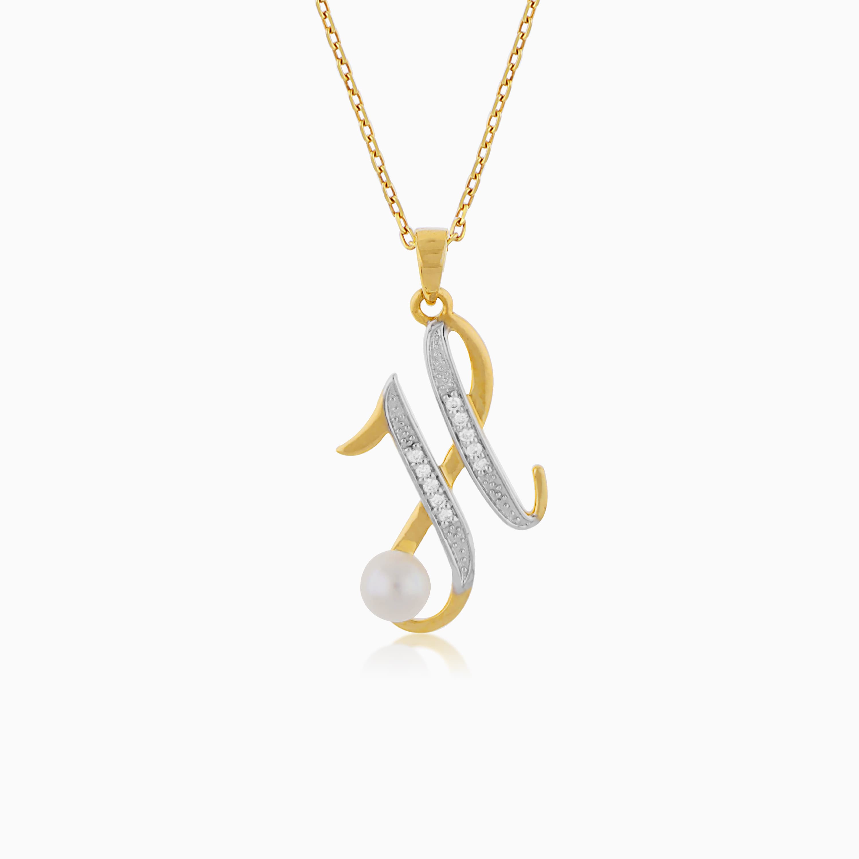 18k Yellow Gold 'H' Letter Necklace With Natural Diamond & Pearl