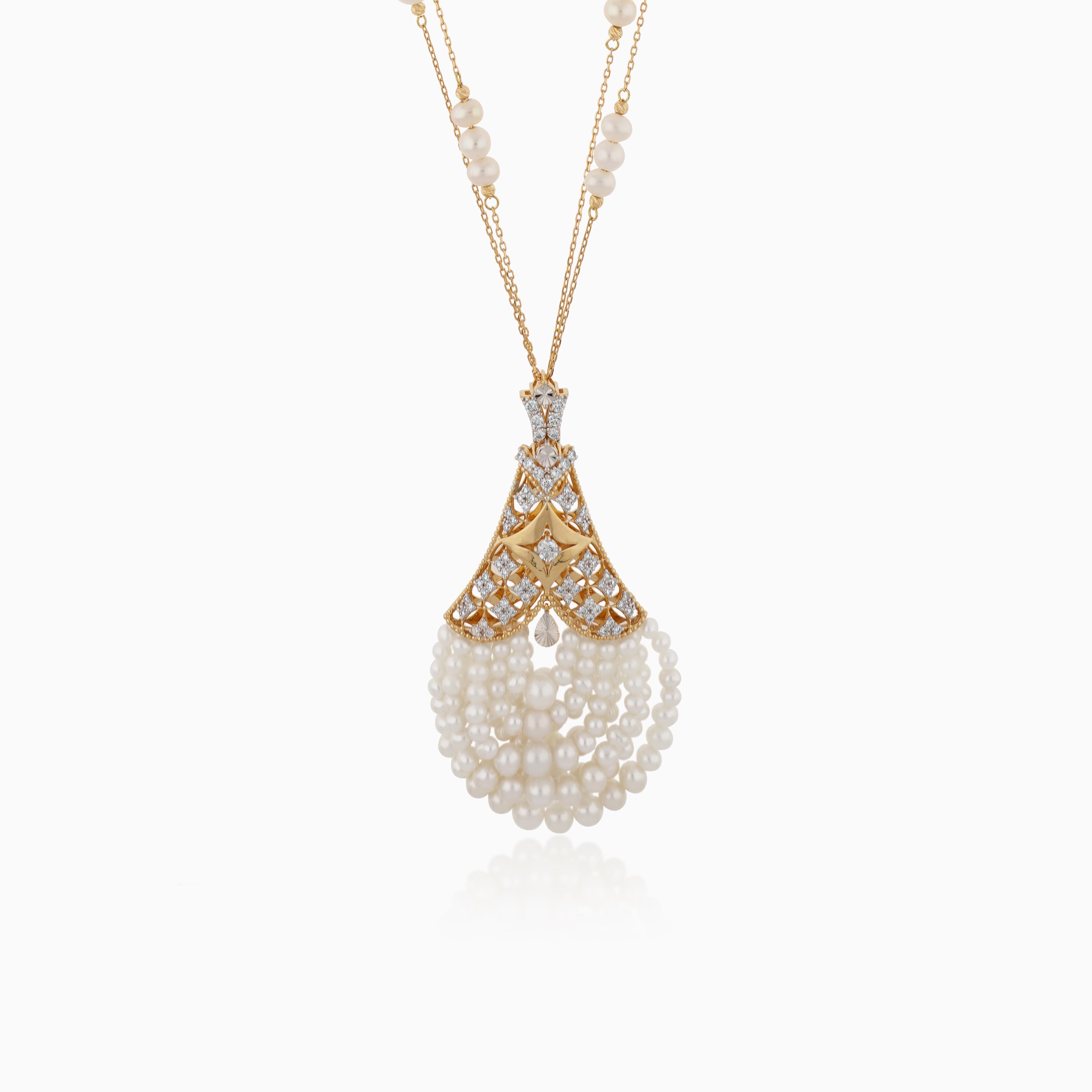 18K YELLOW GOLD DOUBLE CHAIN NECKLACE DECORATED WITH NATURAL DIAMOND AND PEARLS
