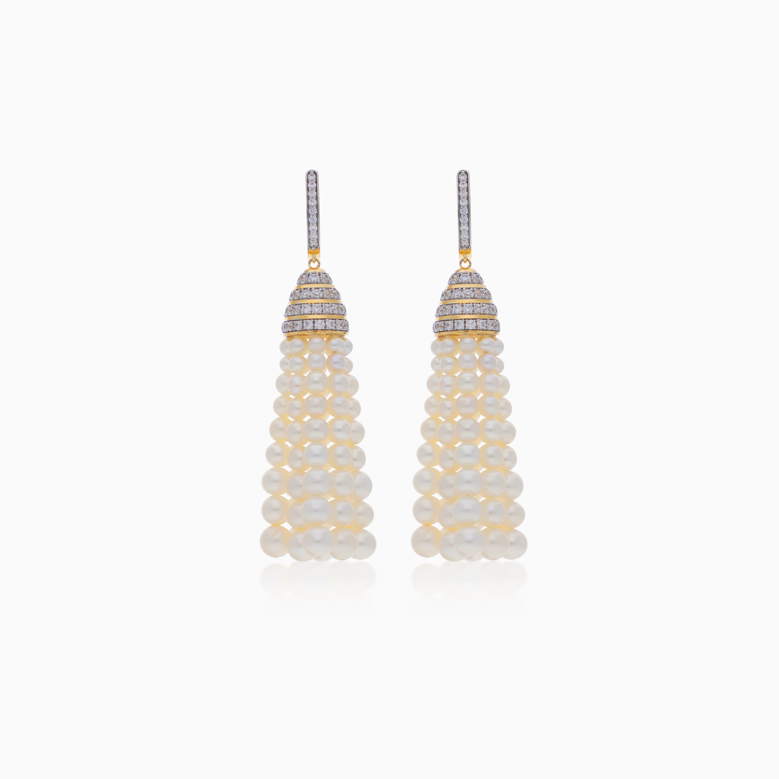 18K YELLOW GOLD EARRING DECORATED WITH ZIRCON STONES AND DANGLING PEARLS