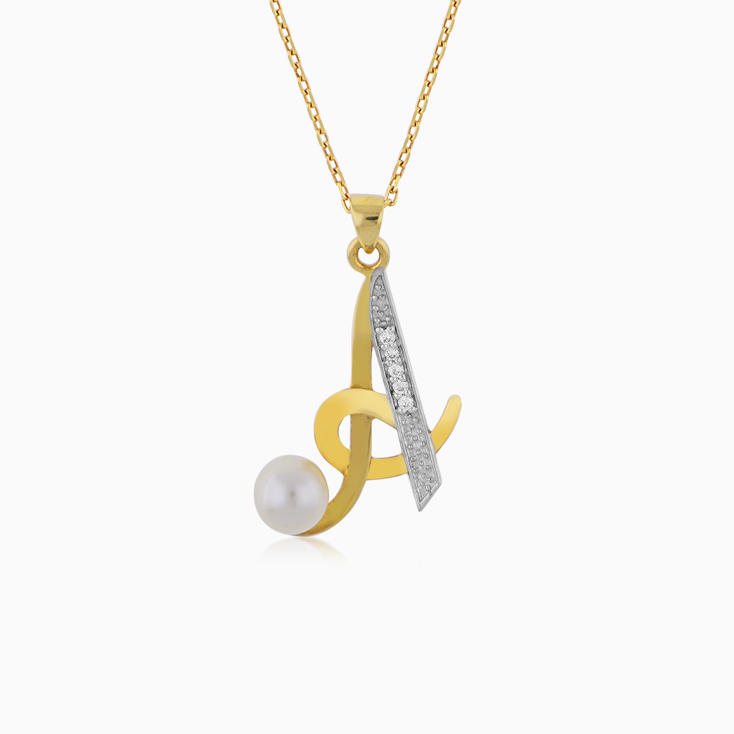 18k Yellow Gold 'A' Letter Necklace With Natural Diamond & Pearl
